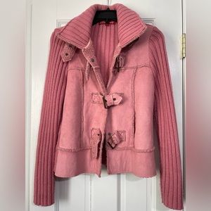 JJ Basics Sweater Jacket Medium Pink with buckles suede front